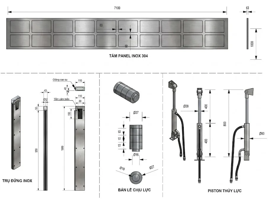 Bản vẽ kỹ thuật vật tư cửa chống ngập thủy lực