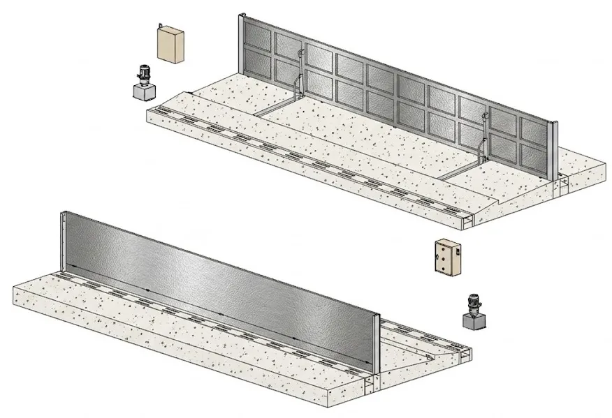 Mô phỏng 3D cửa chống ngập tự động thủy lực với tủ điều khiển và bơm
