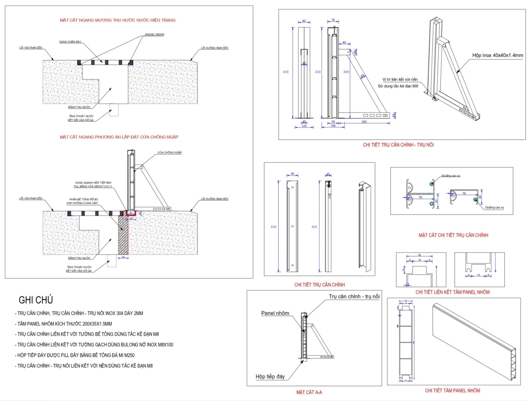 Bản vẽ chi tiết cửa chống ngập lắp ráp: trụ cân chỉnh, trụ nối, panel nhôm, mặt cắt A-A