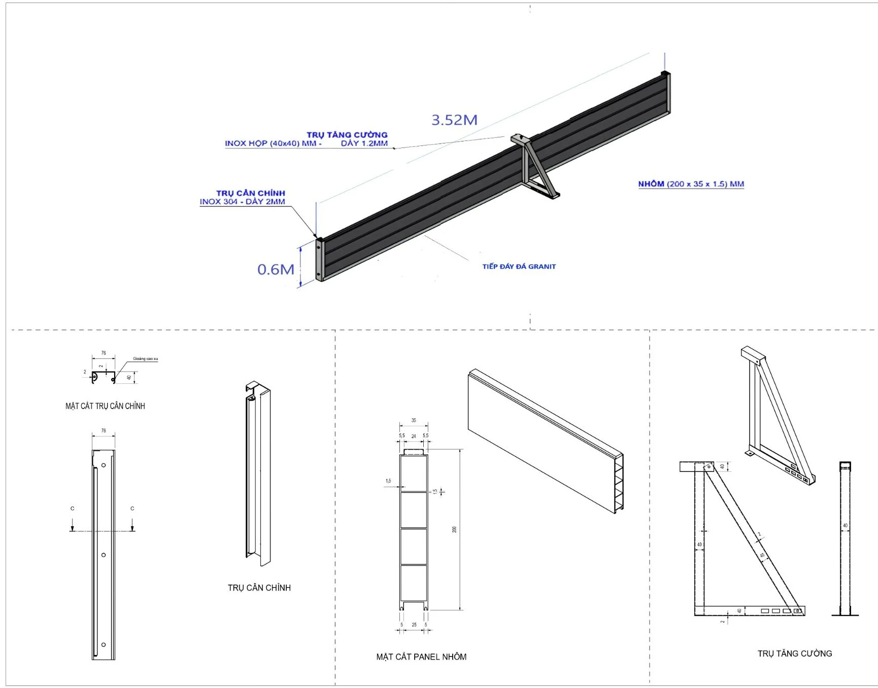 Phối cảnh vách chống ngập 3.52m cao 0.6m, trụ tăng cường inox hộp 40x40